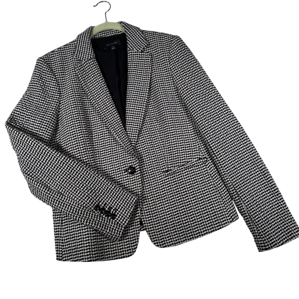 Ann Taylor Blazer Women 10 Black White Houndstooth Cotton Blend 417948 Office